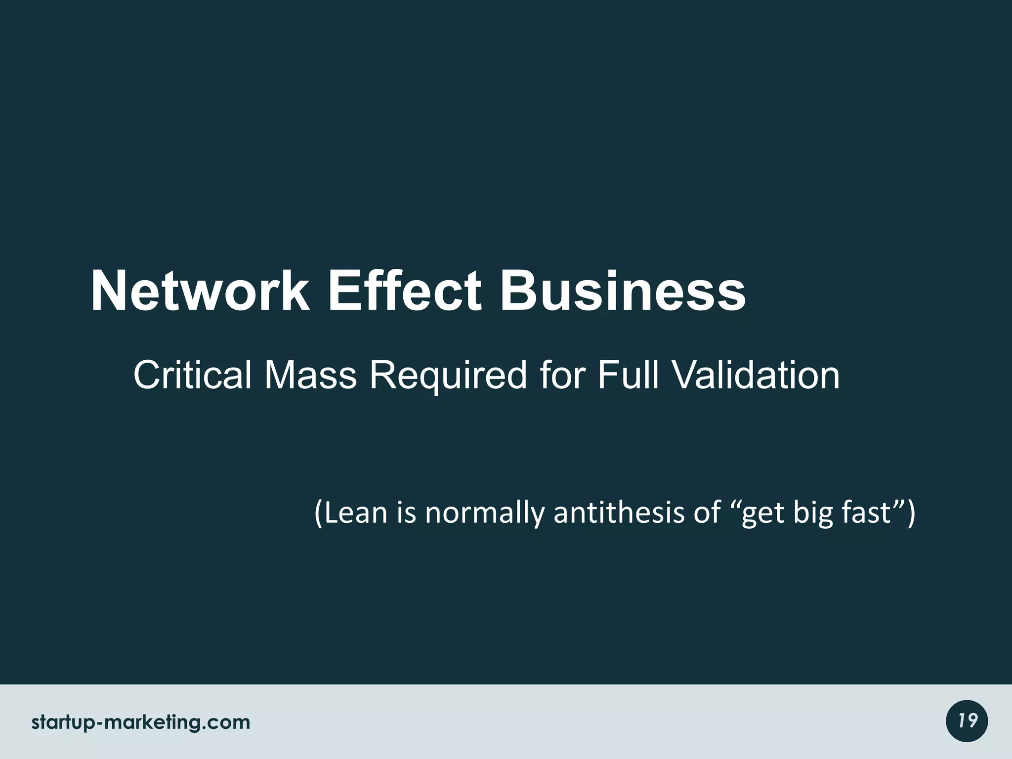 Network Effect Business    Critical Mass Required for Full Validation(Lean is normally antithesis of “get big fast”)19startup-marketing.com