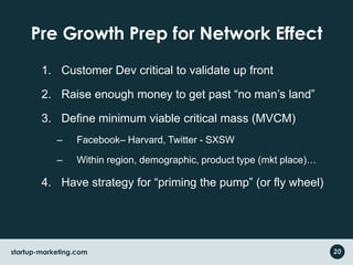 Pre Growth Prep for Network EffectCustomer Dev critical to validate up frontRaise enough money to get past “no man’s land”Define minimum viable critical mass (MVCM)Facebook– Harvard, Twitter - SXSWWithin region, demographic, product type (mkt place)…Have strategy for “priming the pump” (or fly wheel)20startup-marketing.com