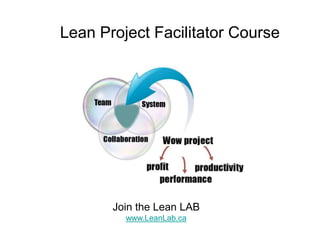 Lean Project Facilitator Course
Join the Lean LAB
www.LeanLab.ca
 