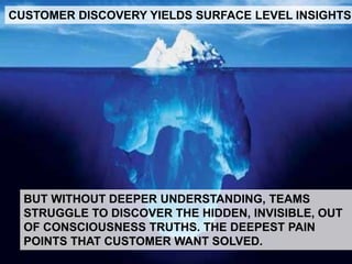 BUT WITHOUT DEEPER UNDERSTANDING, TEAMS
STRUGGLE TO DISCOVER THE HIDDEN, INVISIBLE, OUT
OF CONSCIOUSNESS TRUTHS. THE DEEPEST PAIN
POINTS THAT CUSTOMER WANT SOLVED.
CUSTOMER DISCOVERY YIELDS SURFACE LEVEL INSIGHTS
 