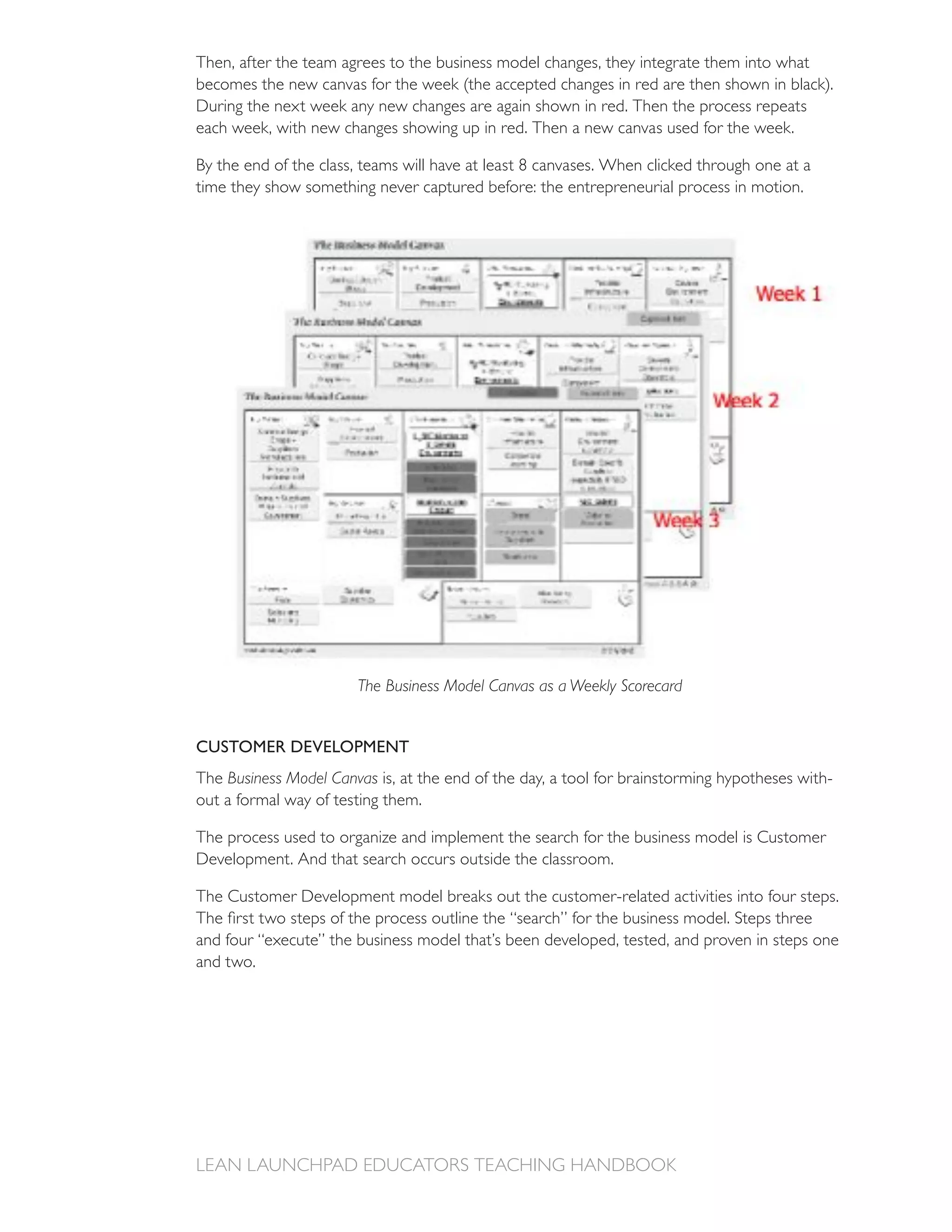 Then, after the team agrees to the business model changes, they integrate them into what

During the next week any new changes are again shown in red. Then the process repeats
each week, with new changes showing up in red. Then a new canvas used for the week.

By the end of the class, teams will have at least 8 canvases. When clicked through one at a
time they show something never captured before: the entrepreneurial process in motion.




                       The Business Model Canvas as a Weekly Scorecard


CUSTOMER DEVELOPMENT
The Business Model Canvas is, at the end of the day, a tool for brainstorming hypotheses with-
out a formal way of testing them.

The process used to organize and implement the search for the business model is Customer
Development. And that search occurs outside the classroom.

The Customer Development model breaks out the customer-related activities into four steps.

and four “execute” the business model that’s been developed, tested, and proven in steps one
and two.
 
