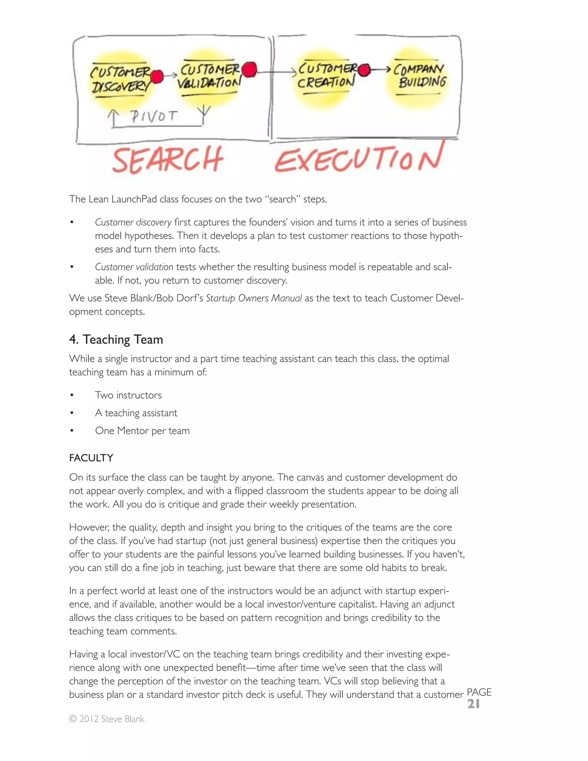 The Lean LaunchPad class focuses on the two “search” steps.

      Customer discovery
      model hypotheses. Then it develops a plan to test customer reactions to those hypoth-
      eses and turn them into facts.
      Customer validation tests whether the resulting business model is repeatable and scal-
      able. If not, you return to customer discovery.
                                 Startup Owners Manual as the text to teach Customer Devel-
opment concepts.

4. Teaching Team
While a single instructor and a part time teaching assistant can teach this class, the optimal
teaching team has a minimum of:

      Two instructors
      A teaching assistant
      One Mentor per team

FACULTY
On its surface the class can be taught by anyone. The canvas and customer development do




offer to your students are the painful lessons you’ve learned building businesses. If you haven’t,


In a perfect world at least one of the instructors would be an adjunct with startup experi-


teaching team comments.

                                                                                             -

change the perception of the investor on the teaching team. VCs will stop believing that a
business plan or a standard investor pitch deck is useful. They will understand that a customer PAGE
                                                                                                     21
© 2012 Steve Blank
 