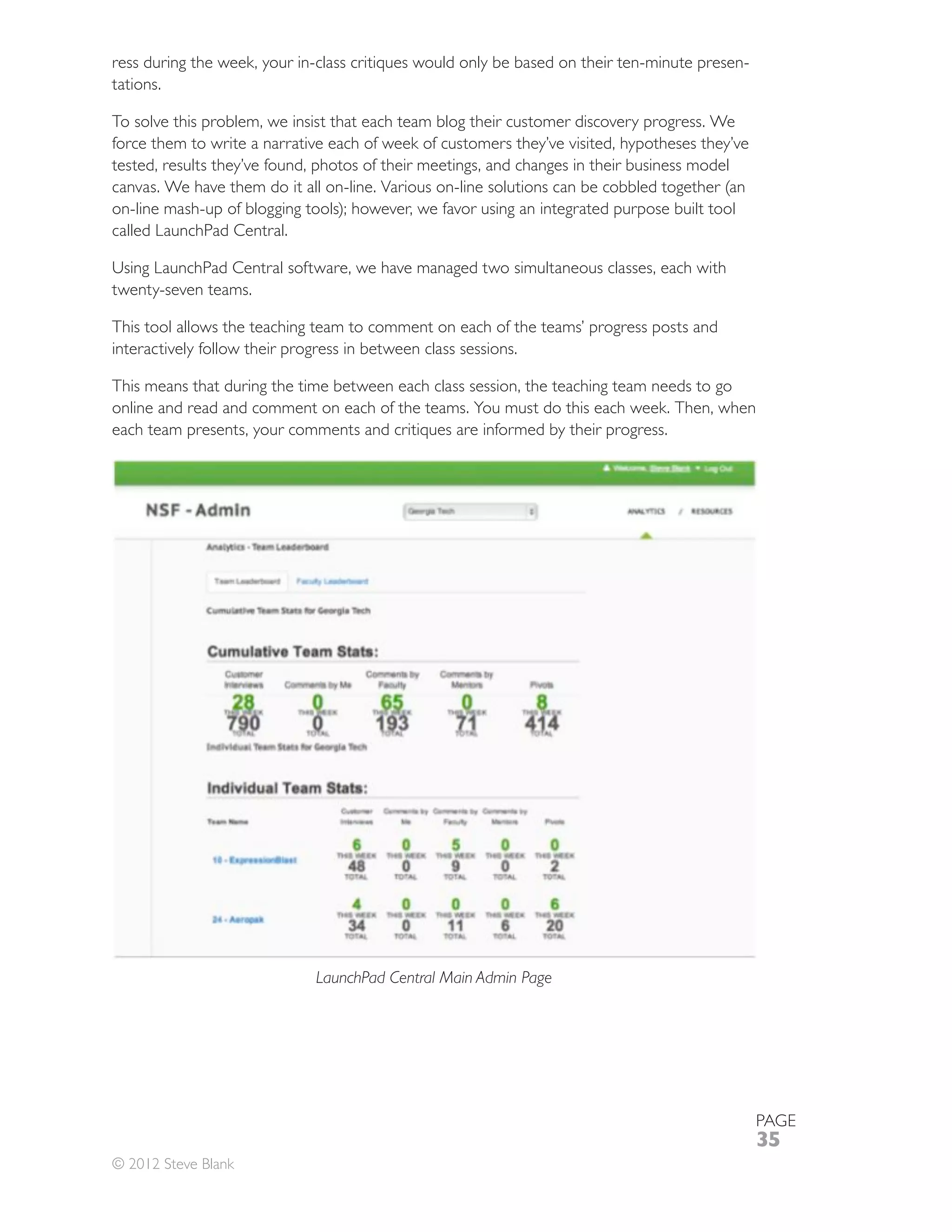 -
tations.

To solve this problem, we insist that each team blog their customer discovery progress. We
force them to write a narrative each of week of customers they’ve visited, hypotheses they’ve
tested, results they’ve found, photos of their meetings, and changes in their business model

on-line mash-up of blogging tools); however, we favor using an integrated purpose built tool
called LaunchPad Central.


twenty-seven teams.

This tool allows the teaching team to comment on each of the teams’ progress posts and
interactively follow their progress in between class sessions.

This means that during the time between each class session, the teaching team needs to go
online and read and comment on each of the teams. You must do this each week. Then, when




                              LaunchPad Central Main Admin Page




                                                                                                   PAGE
                                                                                                   35
© 2012 Steve Blank
 