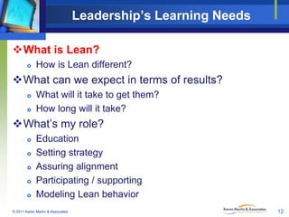 Leadership’s Learning Needs
What is Lean?


How is Lean different?

What can we expect in terms of results?



What will it take to get them?
How long will it take?

What’s my role?






Education
Setting strategy
Assuring alignment
Participating / supporting
Modeling Lean behavior

© 2011 Karen Martin & Associates

12

 