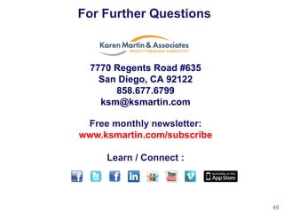 For Further Questions

7770 Regents Road #635
San Diego, CA 92122
858.677.6799
ksm@ksmartin.com
Free monthly newsletter:
www.ksmartin.com/subscribe
Learn / Connect :

49

 