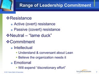 Range of Leadership Commitment
Resistance



Active (overt) resistance
Passive (covert) resistance

Neutral – “lame duck”
Commitment


Intellectual
 Understand & conversant about Lean
 Believe the organization needs it



Emotional
 Will expend “discretionary effort”

© 2011 Karen Martin & Associates

7

 