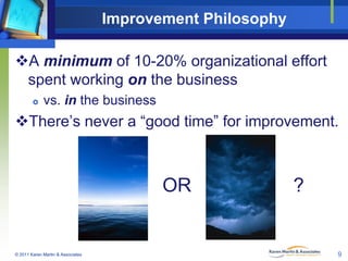Improvement Philosophy
A minimum of 10-20% organizational effort
spent working on the business


vs. in the business

There’s never a “good time” for improvement.

OR

© 2011 Karen Martin & Associates

?

9

 