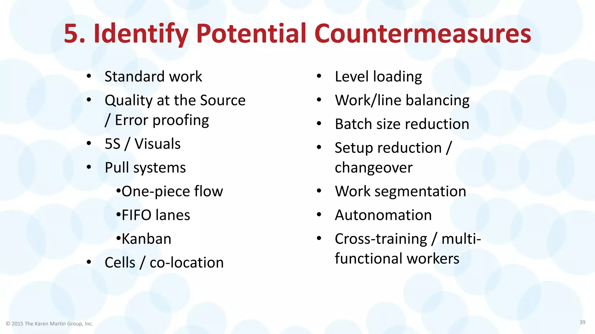 • Standard work
• Quality at the Source
/ Error proofing
• 5S / Visuals
• Pull systems
•One-piece flow
•FIFO lanes
•Kanban
• Cells / co-location
© 2015 The Karen Martin Group, Inc. 39
5. Identify Potential Countermeasures
• Level loading
• Work/line balancing
• Batch size reduction
• Setup reduction /
changeover
• Work segmentation
• Autonomation
• Cross-training / multi-
functional workers
 