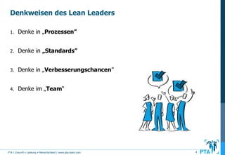 PTA | Zukunft • Leistung • Menschlichkeit | www.pta-team.com 4
Denkweisen des Lean Leaders
1. Denke in „Prozessen”
2. Denke in „Standards”
3. Denke in „Verbesserungschancen”
4. Denke im „Team“
 
