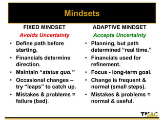 Mindsets
FIXED MINDSET
Avoids Uncertainty
• Define path before
starting.
• Financials determine
direction.
• Maintain “status quo.”
• Occasional changes –
try “leaps” to catch up.
• Mistakes & problems =
failure (bad).
ADAPTIVE MINDSET
Accepts Uncertainty
• Planning, but path
determined “real time.”
• Financials used for
refinement.
• Focus - long-term goal.
• Change is frequent &
normal (small steps).
• Mistakes & problems =
normal & useful.
 