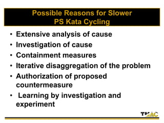 Possible Reasons for Slower
PS Kata Cycling
• Extensive analysis of cause
• Investigation of cause
• Containment measures
• Iterative disaggregation of the problem
• Authorization of proposed
countermeasure
• Learning by investigation and
experiment
 