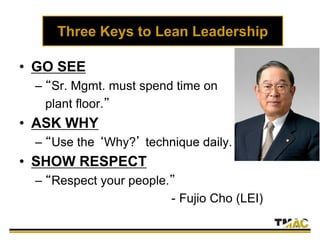 Three Keys to Lean Leadership
• GO SEE
– “Sr. Mgmt. must spend time on
plant floor.”
• ASK WHY
– “Use the ‘Why?’ technique daily.
• SHOW RESPECT
– “Respect your people.”
- Fujio Cho (LEI)
 