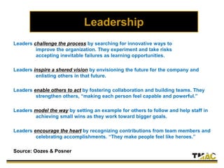 Leadership
Leaders challenge the process by searching for innovative ways to
improve the organization. They experiment and take risks
accepting inevitable failures as learning opportunities.
Leaders inspire a shered vision by envisioning the future for the company and
enlisting others in that future.
Leaders enable others to act by fostering collaboration and building teams. They
strengthen others, “making each person feel capable and powerful.”
Leaders model the way by setting an example for others to follow and help staff in
achieving small wins as they work toward bigger goals.
Leaders encourage the heart by recognizing contributions from team members and
celebrating accomplishments. “They make people feel like heroes.”
Source: Oozes & Posner
 