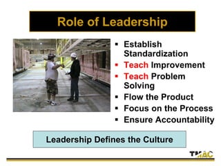 Role of Leadership
 Establish
Standardization
 Teach Improvement
 Teach Problem
Solving
 Flow the Product
 Focus on the Process
 Ensure Accountability
Leadership Defines the Culture
 