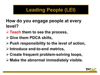 Leading People (LEI)
How do you engage people at every
level?
 Teach them to see the process,
 Give them PDCA skills,
 Push responsibility to the level of action,
 Introduce end-to-end metrics,
 Create frequent problem-solving loops,
 Make the abnormal immediately visible.
 