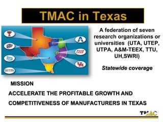 A federation of seven
research organizations or
universities (UTA, UTEP,
UTPA, A&M-TEEX, TTU,
UH,SWRI)
Statewide coverage
MISSION
ACCELERATE THE PROFITABLE GROWTH AND
COMPETITIVENESS OF MANUFACTURERS IN TEXAS
 