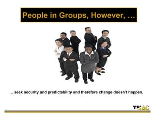 People in Groups, However, …
… seek security and predictability and therefore change doesn’t happen.
 