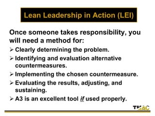 Importance of Leadership
Lean Transformation Requires:
– 10 – 30% Management Behavior
– 70 – 90% Leadership Behavior
 