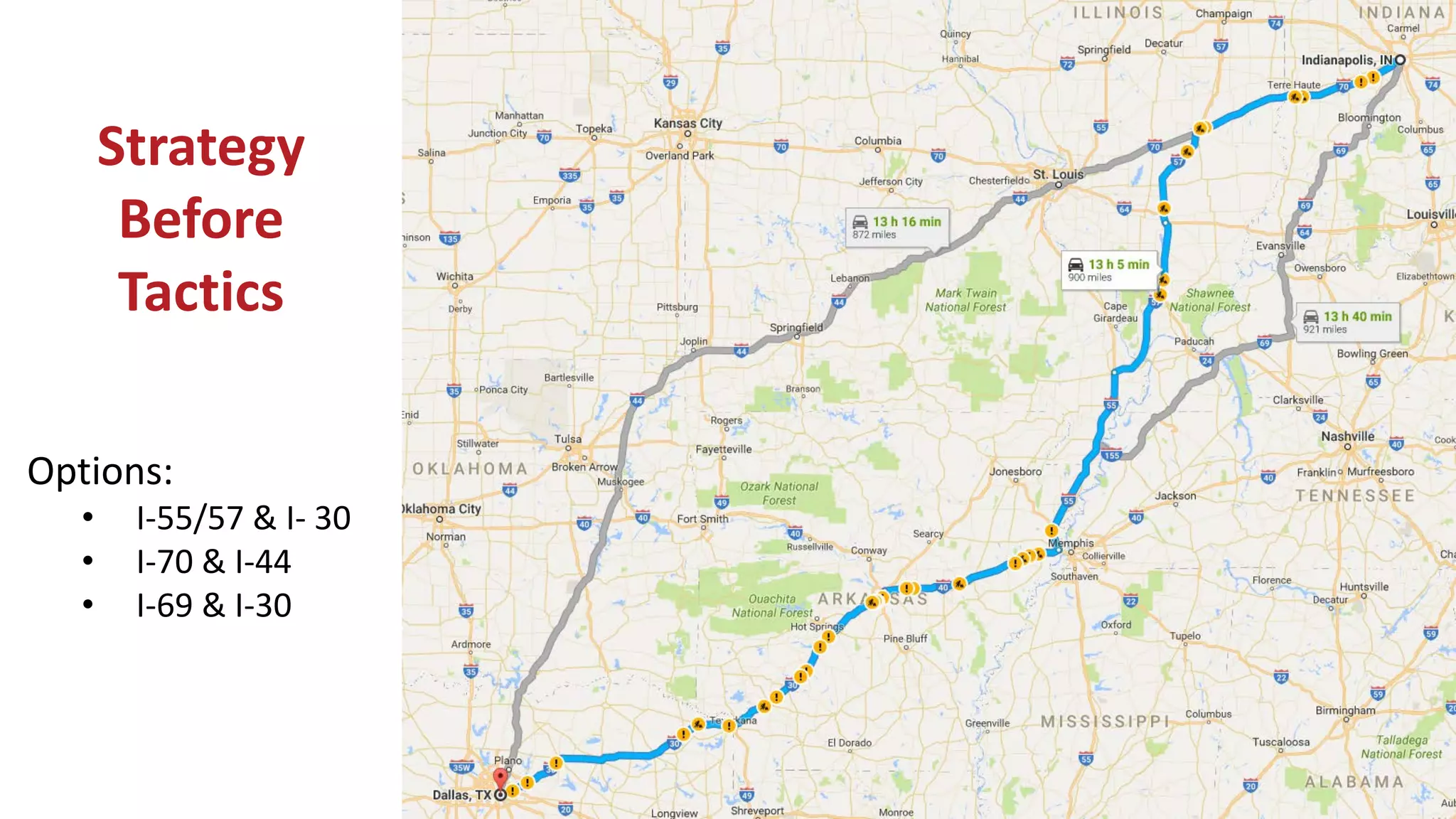 Strategy
Before
Tactics
Options:
• I-55/57 & I- 30
• I-70 & I-44
• I-69 & I-30
 