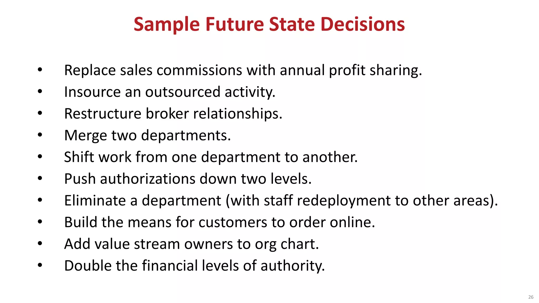 Sample Future State Decisions
• Replace sales commissions with annual profit sharing.
• Insource an outsourced activity.
• Restructure broker relationships.
• Merge two departments.
• Shift work from one department to another.
• Push authorizations down two levels.
• Eliminate a department (with staff redeployment to other areas).
• Build the means for customers to order online.
• Add value stream owners to org chart.
• Double the financial levels of authority.
26
 