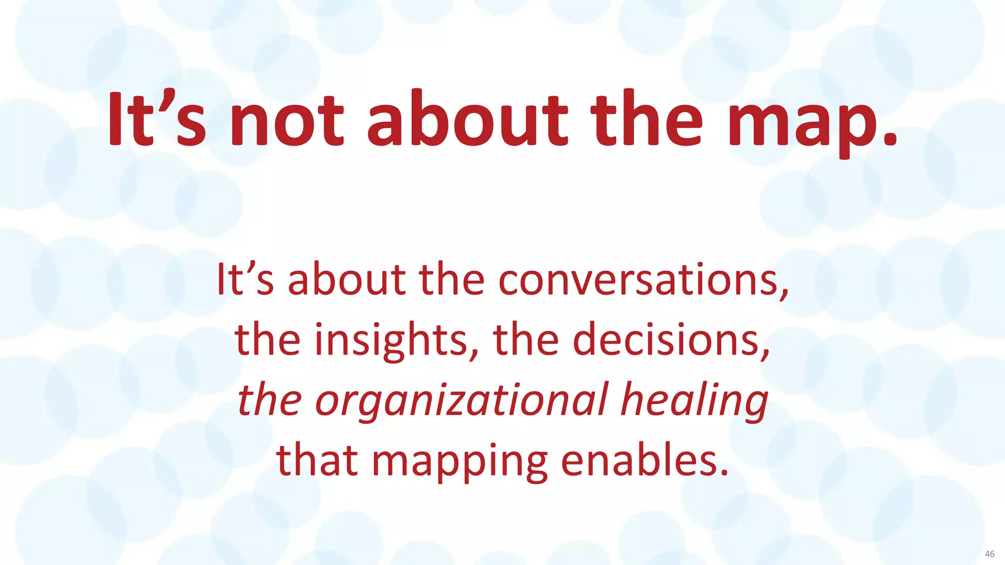 46
It’s not about the map.
It’s about the conversations,
the insights, the decisions,
the organizational healing
that mapping enables.
 