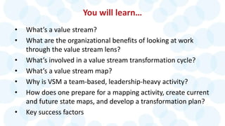 You will learn…
• What’s a value stream?
• What are the organizational benefits of looking at work
through the value strea...