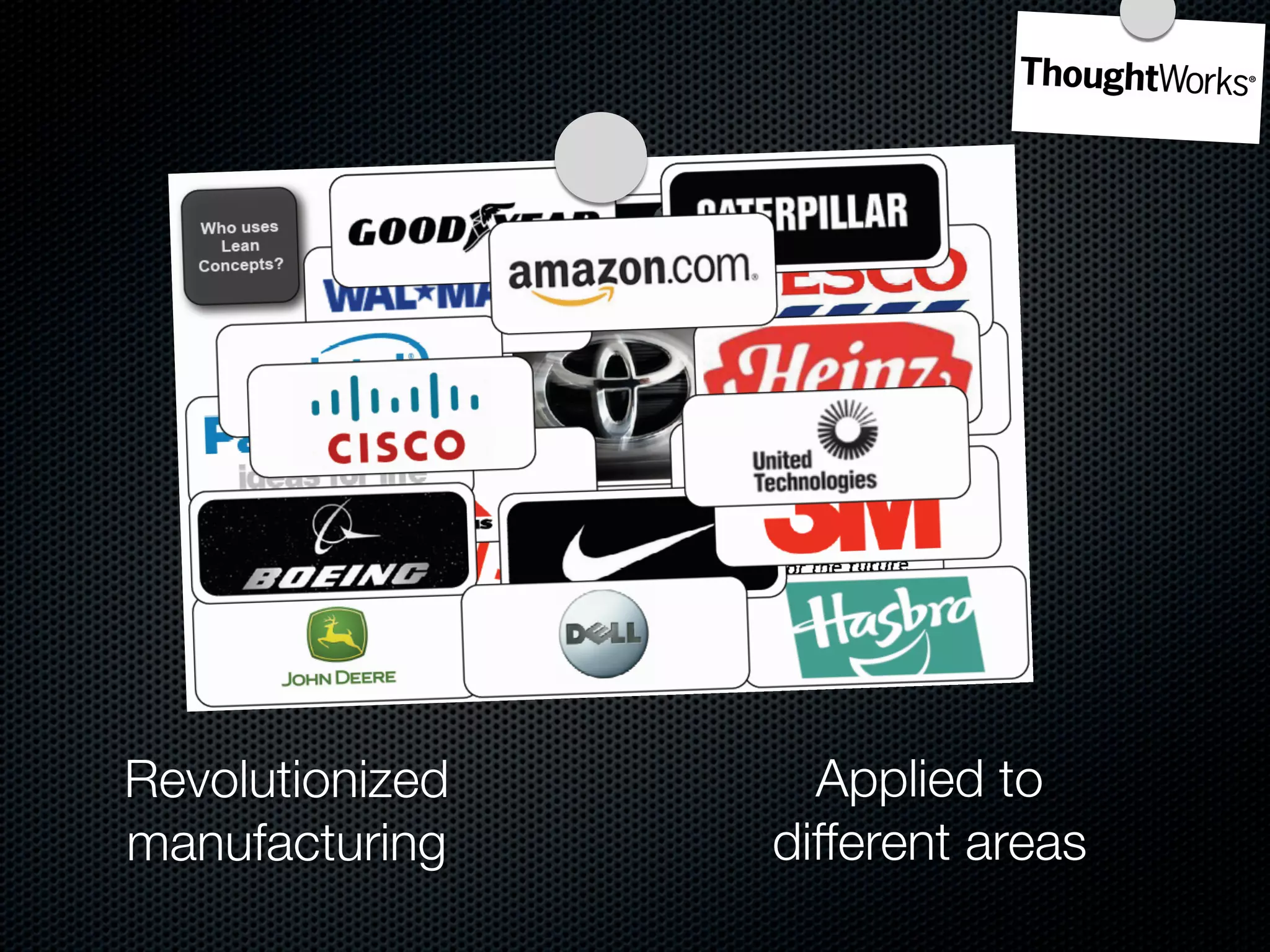 Revolutionized     Applied to
manufacturing    different areas
 