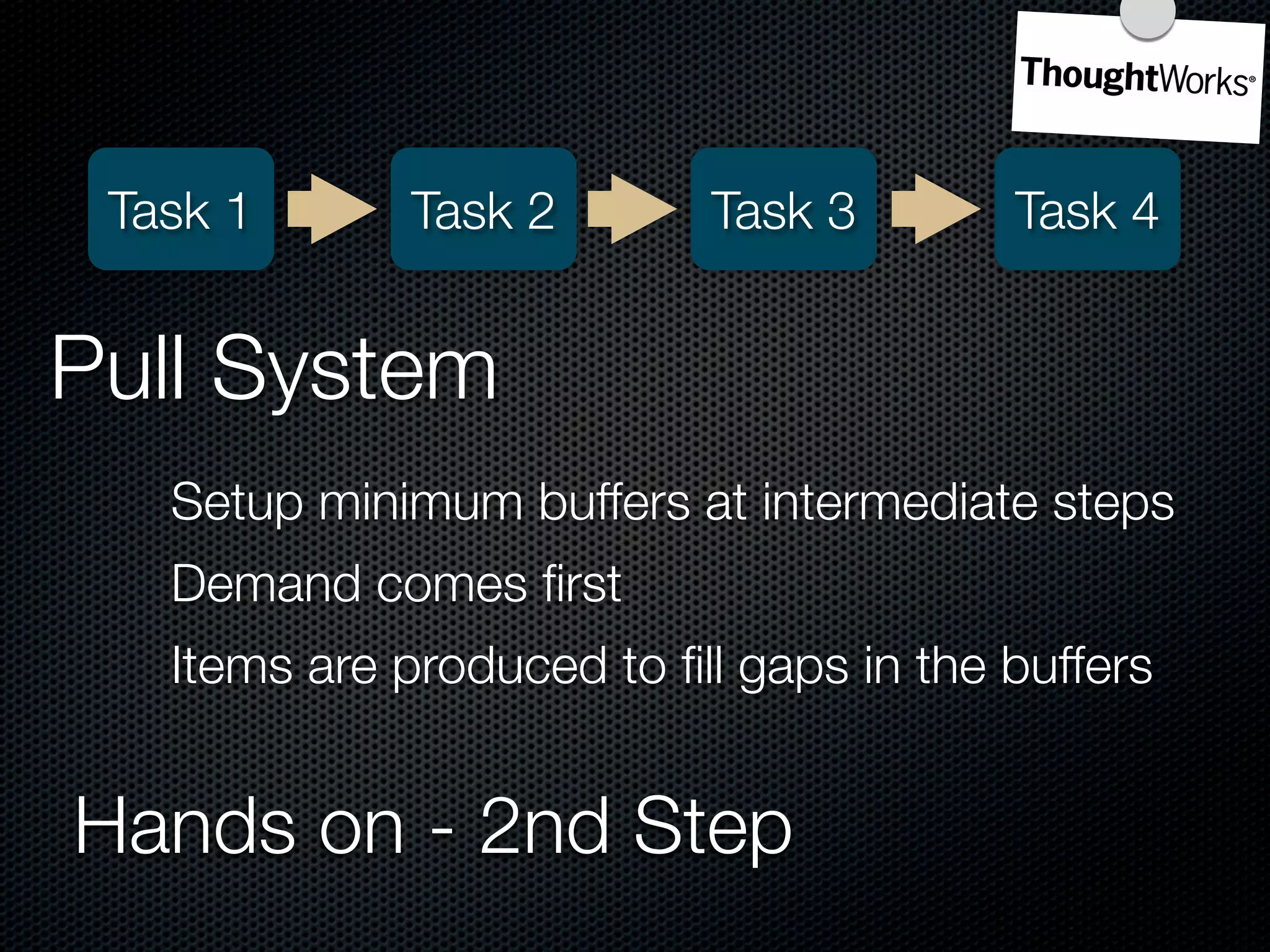 Task 1       Task 2       Task 3        Task 4


Pull System
   Setup minimum buffers at intermediate steps
   Demand comes ﬁrst
   Items are produced to ﬁll gaps in the buffers


Hands on - 2nd Step
 