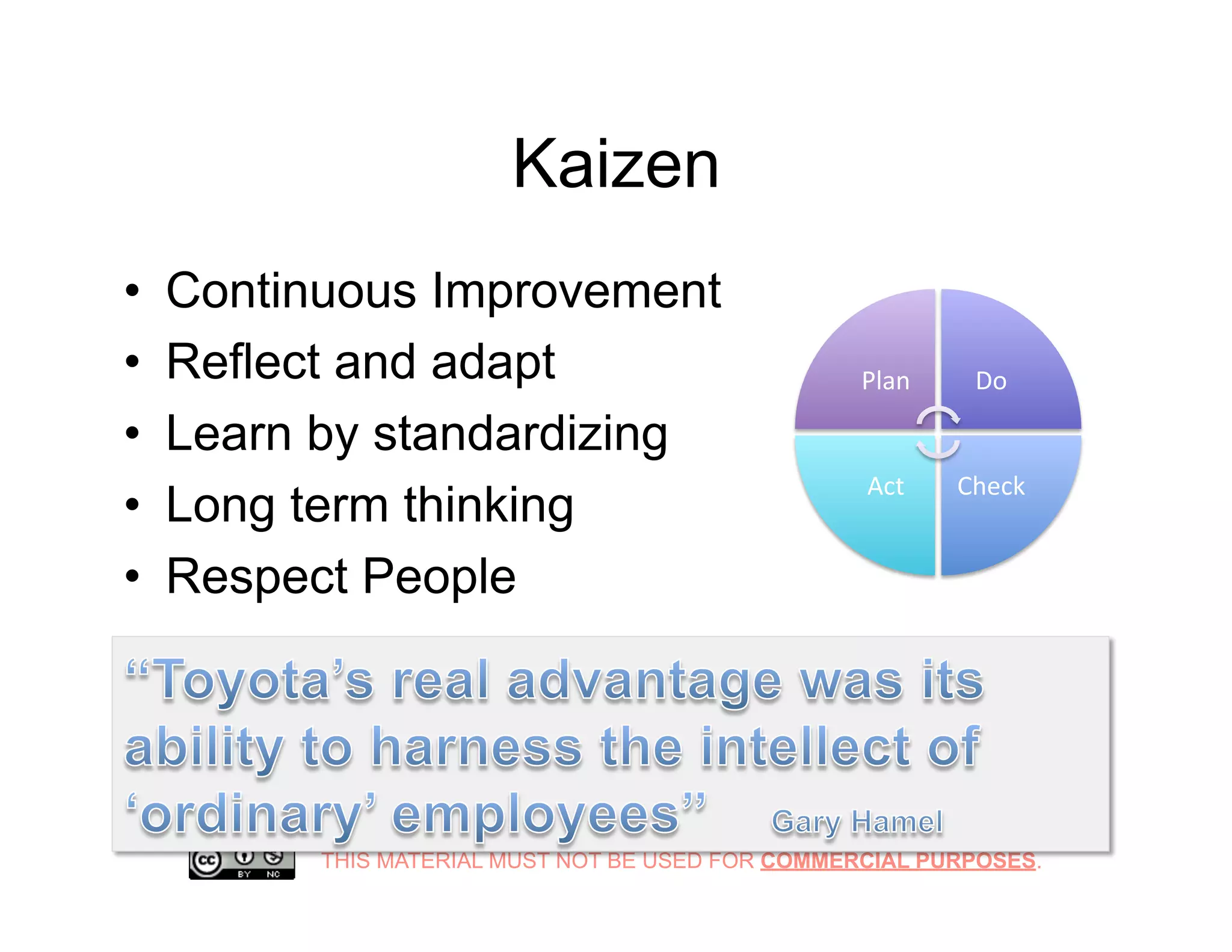 THIS MATERIAL MUST NOT BE USED FOR COMMERCIAL PURPOSES.
Kaizen
•  Continuous Improvement
•  Reflect and adapt
•  Learn by standardizing
•  Long term thinking
•  Respect People
Plan	
   Do	
  
Check	
  Act	
  
 
