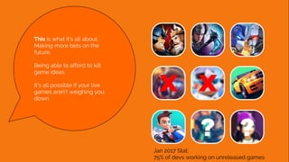 Jan 2017 Stat:
75% of devs working on unreleased games
This is what it’s all about.
Making more bets on the
future.
Being able to afford to kill
game ideas.
It’s all possible if your live
games aren’t weighing you
down.
 