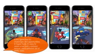 Every game has it’s
challenges and opportunities.
In Super Karts it’s easy to
reskin a kart with a 512x512
texture, and a different set of
ability slots.
 