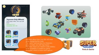 We think about how Live Ops will work
when designing the meta.
The “parts” here are like Evo Materials -
easy to make, but with big impact.
This does mean you need to code abilities
to be scriptible in content by game
designers, which is more work upfront.
 