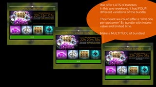 We offer LOTS of bundles.
In this one weekend, it had FOUR
different variations of the bundle.
This meant we could offer a “limit one
per customer” $5 bundle with insane
value and limited time.
Make a MULTITUDE of bundles!
 