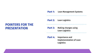 POINTERS FOR THE
PRESENTATION
Lean Management Systems
Part 1:
Lean Logistics
Part 2:
Making changes using
Lean Logistics
Part 3:
Importance and
Implemenetation of Lean
Logistics
Part 4:
 