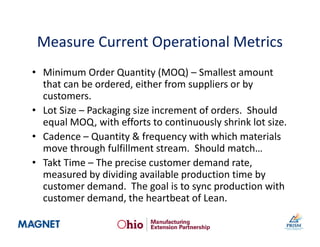 Measure Current Operational Metrics
• Minimum Order Quantity (MOQ) – Smallest amount
that can be ordered, either from suppliers or by
customers.
• Lot Size – Packaging size increment of orders. Should
equal MOQ, with efforts to continuously shrink lot size.
• Cadence – Quantity & frequency with which materials
move through fulfillment stream. Should match…
• Takt Time – The precise customer demand rate,
measured by dividing available production time by
customer demand. The goal is to sync production with
customer demand, the heartbeat of Lean.
60
 