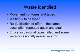 18
Waste identified
• Movement - of forms and tapes
• Waiting – to be typed
• Re-duplication of effort – the same
description repeated again and again
• Errors: occasional tapes failed and some
were occasionally erased in error
 