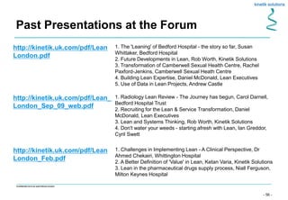 - 56 -
Confidential not to be used without consent
Past Presentations at the Forum
http://kinetik.uk.com/pdf/Lean
London.pdf
1. The 'Leaning' of Bedford Hospital - the story so far, Susan
Whittaker, Bedford Hospital
2. Future Developments in Lean, Rob Worth, Kinetik Solutions
3. Transformation of Camberwell Sexual Health Centre, Rachel
Paxford-Jenkins, Camberwell Sexual Heath Centre
4. Building Lean Expertise, Daniel McDonald, Lean Executives
5. Use of Data in Lean Projects, Andrew Castle
http://kinetik.uk.com/pdf/Lean_
London_Sep_09_web.pdf
1. Radiology Lean Review - The Journey has begun, Carol Darnell,
Bedford Hospital Trust
2. Recruiting for the Lean & Service Transformation, Daniel
McDonald, Lean Executives
3. Lean and Systems Thinking, Rob Worth, Kinetik Solutions
4. Don't water your weeds - starting afresh with Lean, Ian Greddor,
Cyril Swett
http://kinetik.uk.com/pdf/Lean
London_Feb.pdf
1. Challenges in Implementing Lean - A Clinical Perspective, Dr
Ahmed Chekairi, Whittington Hospital
2. A Better Definition of 'Value' in Lean, Ketan Varia, Kinetik Solutions
3. Lean in the pharmaceutical drugs supply process, Niall Ferguson,
Milton Keynes Hospital
 