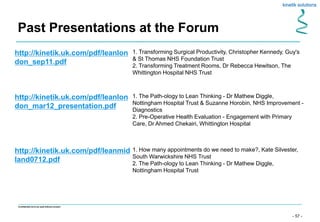 - 57 -
Confidential not to be used without consent
Past Presentations at the Forum
http://kinetik.uk.com/pdf/leanlon
don_sep11.pdf
1. Transforming Surgical Productivity, Christopher Kennedy, Guy's
& St Thomas NHS Foundation Trust
2. Transforming Treatment Rooms, Dr Rebecca Hewitson, The
Whittington Hospital NHS Trust
http://kinetik.uk.com/pdf/leanlon
don_mar12_presentation.pdf
1. The Path-ology to Lean Thinking - Dr Mathew Diggle,
Nottingham Hospital Trust & Suzanne Horobin, NHS Improvement -
Diagnostics
2. Pre-Operative Health Evaluation - Engagement with Primary
Care, Dr Ahmed Chekairi, Whittington Hospital
http://kinetik.uk.com/pdf/leanmid
land0712.pdf
1. How many appointments do we need to make?, Kate Silvester,
South Warwickshire NHS Trust
2. The Path-ology to Lean Thinking - Dr Mathew Diggle,
Nottingham Hospital Trust
 