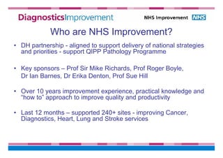 Who are NHS Improvement?
• DH partnership - aligned to support delivery of national strategies
and priorities - support QIPP Pathology Programme
• Key sponsors – Prof Sir Mike Richards, Prof Roger Boyle,
Dr Ian Barnes, Dr Erika Denton, Prof Sue Hill
• Over 10 years improvement experience, practical knowledge and
“how to” approach to improve quality and productivity
• Last 12 months – supported 240+ sites - improving Cancer,
Diagnostics, Heart, Lung and Stroke services
 