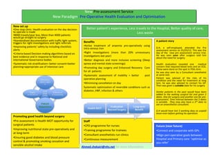 New Pre-assessment Service
New Paradigm: Pre-Operative Health Evaluation and Optimisation
New Pre-assessment Service
New Paradigm: Pre-Operative Health Evaluation and Optimisation
New set up
•One stop clinic: Health evaluation on the day decision
to operate is made
•8000 travels/year less, More than 4000 patients
would go straight to surgery
•Standardised documentation with traffic light system,
triggers for right investigations and right referrals
•Improving patients’ safety by including checklists
alerts
•Criteria-based Decision making algorithms based on
best evidence and in response to National and
international Governance bodies
•Systematic risk stratification= better consent=better
planning=appropriate use of Intensive care
Promoting good health beyond surgery
•Pre assessment is Health MOT opportunity for
surgical patients
•Improving nutritional state pre-operatively and
at long-term
•Ensuring good diabetes and blood pressure
control & promoting smoking cessation and
sensible alcohol intake
Staff
•CPD programme for nurses
•Training programme for trainees
•Consultant anesthetists run clinics
•Continuous measurement
Future (near future)
•Connect and cooperate with GPs
•Align peri-operative goals between
Hospital and Primary care: ‘optimise as
you refer’
Benefits
•Active treatment of anaemia pre-operatively using
intra venous iron
•Right investigations (more than 20% unnecessary
investigations last year)
•Better diagnosis and more inclusive screening (Sleep
apnea and mental state screenings)
•Promoting day surgery and Enhanced Recovery Care
for all patients
•Systematic assessment of mobility = better post
operative planning
•Minimising cancellation on day
Systematic optimization of reversible conditions such as
diabetes ,HBP, infection & others
A patient story
G.H, a self-employed, attended the Pre
assessment service on 01/03/12. This was the
day of the new pre assessment service trial.
He was seen soon after surgeon told him
about the need for surgery.
Health evaluation revealed one medical
concern that required blood tests and an ECG.
These were done on the spot in POA clinic.
He was also seen by a Consultant anesthetist
at same visit.
Patient was advised of the risks of his
condition and the need for treatment at long
tem; he was also advised to contact his GP.
Then was given a suitable date for his surgery
Similar patients in the past would have been
added to the waiting surgical list and given 2
dates. One for surgery and another one for pre-
assessment. Time interval between the 2 dates
is variable. They may also have a 3rd date to
see an anaesthetist consultant.
G.H would have lost 3 working days as unpaid
leave even before getting his operation.
Better patient’s experience, Less travels to the Hospital, Better quality of care,
Less waste
Ahmed.chekairi@nhs.net for more information
 
