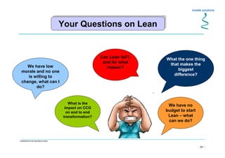 - 61 -
Confidential not to be used without consent
Your Questions on LeanYour Questions on Lean
What is the
impact on CCG
on end to end
transformation?
Can Lean fail?,
and for what
reason?
We have no
budget to start
Lean – what
can we do?
We have low
morale and no one
is willing to
change, what can I
do?
What the one thing
that makes the
biggest
difference?
 