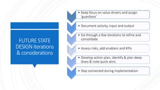FUTURESTATE
DESIGN iterations
&considerations
• Keep focus on value drivers and assign
‘guardians’
• Document activity, input and output
• Go through a few iterations to refine and
consolidate
• Assess risks, add enablers and KPIs
• Develop action plan, identify & plan deep
dives & note quick wins
• Stay connected during implementation
 