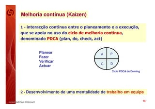 Melhoria contínua (Kaizen)

1 - interacção contínua entre o planeamento e a execução,
que se apoia no uso do ciclo de melhoria contínua,
denominado PDCA (plan, do, check, act)


         Planear                       A   P
                                           A
                                           P
         Fazer                             p
         Verificar
                                       C   D
         Actuar
                                            Ciclo PDCA de Deming




2 - Desenvolvimento de uma mentalidade de trabalho em equipa

                                                                   14
 