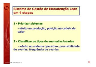 Sistema de Gestão de Manutenção Lean
em 4 etapas


1 - Priorizar sistemas
   - efeito na produção, posição na cadeia de
   valor


2 - Classificar os tipos de anomalias/avarias
   - efeito no sistema operativo, previsibilidade
de avarias, frequência de avarias



                                                    34
 