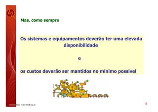 Mas, como sempre



Os sistemas e equipamentos deverão ter uma elevada
                  disponibilidade

                        e

os custos deverão ser mantidos no mínimo possível




                                                     5
 