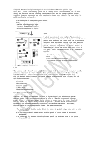 components. It produces a family of parts or products on a dedicated line with dedicated operators. Figure 5
shows how a cellular manufacturing system can be. Properly trained and implemented cells are more
flexible and responsive than the traditional mass-production line, and can manage processes, defects,
scheduling, equipment maintenance and other manufacturing issues more efficiently. The main points in
cellular manufacturing are given below.

    • Functional layouts are rearranged into process oriented
    • cells.
    • Machines and workstations are linked.
    • Layouts are designed for efficient flow.
    • All operator requirements are close by.


                                                     Jidoka

                                                     It refers to "automation with human intelligence" (Autonomation).
                                                     Jidoka also refers to the practice of stopping a manual line or
                                                     process when something goes amiss. This type of automation
                                                     implements some supervisory functions rather than production
                                                     functions. Autonomation prevents the production of defective
                                                     products, eliminates overproduction and focuses attention on
                                                     understanding the problem and ensuring that it never recurs. It
                                                     is a quality control process that comprises of the following four
                                                     principles.

                                                          • Detect the abnormality.
                                                          • Stop.
                                                          • Fix or correct the immediate condition.
                                                          • Investigate the root cause and install a countermeasure




Kaizen

The Japanese word “ kaizen” means simply “ improvement “and in management it means, more broadly,
continuous improvement in small increments. This system creates more value with less waste. The
methodology followed is making changes, monitoring results and then adjusting. The term Kaizen Blitz refers
to a team approach to quickly tear down and rebuild a process layout to function more efficiently. The five
main elements of kaizen are:

    • Teamwork
    • Personal discipline
    • Improved morale
    • Quality circles
    • Suggestions for improvement

Poka- Yoke & Mistake Proofing

Poka-yoke is a Japanese term that means "fail-safing" or "mistake-proofing". Any mechanism that helps an
equipment operator avoid (yokeru) mistakes (poka) can be called as Poka-yoke. Its purpose is to eliminate
product defects by preventing, correcting or drawing attention to human errors as they occur. Broadly, the
term also refers to any behaviour-shaping constraint designed into a product to prevent incorrect operation
by the user. It's one of the main components of Shingo's Zero Quality Control (ZQC) system. Three types of
poka-yoke systems for detecting and preventing errors in a mass production system are:

    • The contact method identifies product defects by testing the product's shape, size, color or other
         physical attributes.
    • The fixed-value (or constant number) method alerts the operator if a certain number of movements
         are not made.
    • The motion-step (or sequence) method determines whether the prescribed steps of the process
         have been followed.


                                                                                                                         9
 