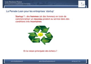 Lean Business France
Développement et Compétitivité des Entreprises




  La Pensée Lean pour les entreprises ‘startup’

                   Startup ? : des hommes (et des femmes) en train de
                   commercialiser un nouveau produit ou service dans des
                   conditions très incertaines


                                                             Temps          Clients




                                                                     Défi             Vision
                                                 Processus
                                                                                       Long
                                                                                       L
                                                                                      Terme


                                                      Flexibilité           Amélioration
                                                                             Continue




                                 Et la raison principale des échecs ?



          www.leanbusiness.fr                                        peter.klym@leanbusiness.fr   06 84 52 77 70
 