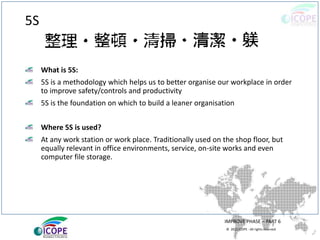 © 2013 ICOPE - All rights reserved.
5S
What is 5S:
5S is a methodology which helps us to better organise our workplace in order
to improve safety/controls and productivity
5S is the foundation on which to build a leaner organisation
Where 5S is used?
At any work station or work place. Traditionally used on the shop floor, but
equally relevant in office environments, service, on-site works and even
computer file storage.
IMPROVE PHASE – PART 6
 