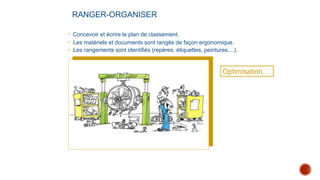 RANGER-ORGANISER
• Concevoir et écrire le plan de classement.
• Les matériels et documents sont rangés de façon ergonomique.
• Les rangements sont identifiés (repères, étiquettes, peintures....).
Optimisation…
 