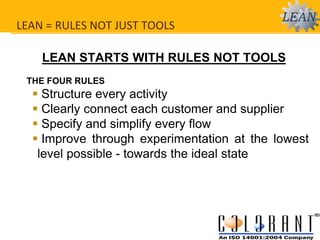 LEAN = RULES NOT JUST TOOLS
LEAN STARTS WITH RULES NOT TOOLS
THE FOUR RULES
 Structure every activity
 Clearly connect each customer and supplier
 Specify and simplify every flow
 Improve through experimentation at the lowest
level possible - towards the ideal state
 
